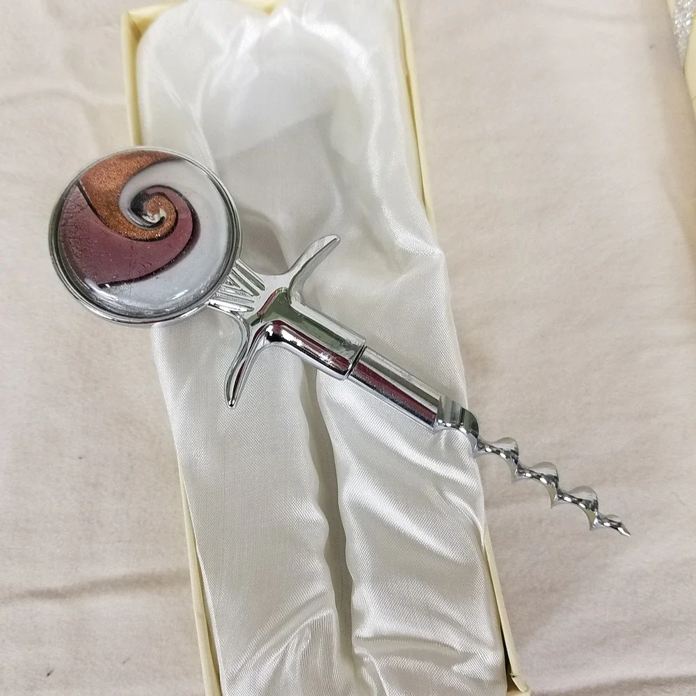 Arte Murano By D'Moda Wine Corkscrew Silver New Glass Swirl Handcrafted 5in